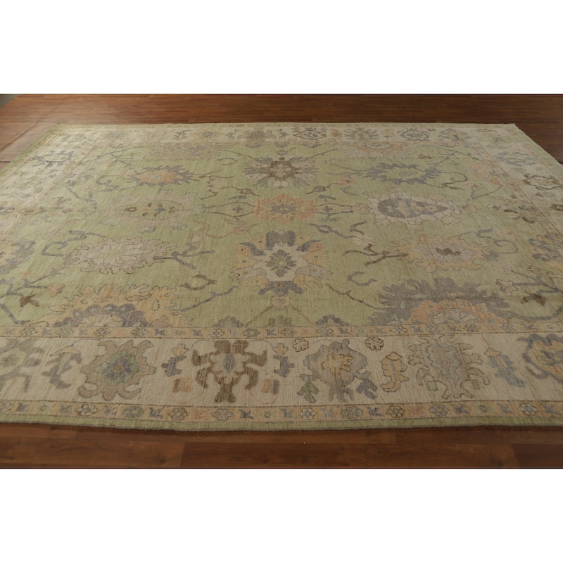 Hand Knotted Oriental 100% Wool Carpet Transitional All-Over Green Oushak Area Rug - 12' 1'' X 8' 11''