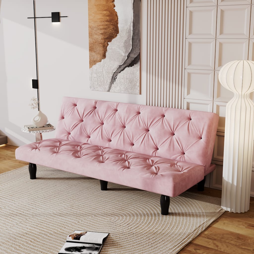 Baby Pink 66" Velvet 3-seater Sofa Bed with Sturdy Wood Frame and High Elastic Foam Cushion for Living Room