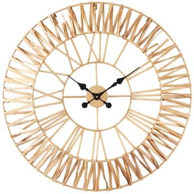 Seagrass Round Wall Clock with Weaving Design - Gold - Roche River Decor - 2"W x 31"L x 31"H