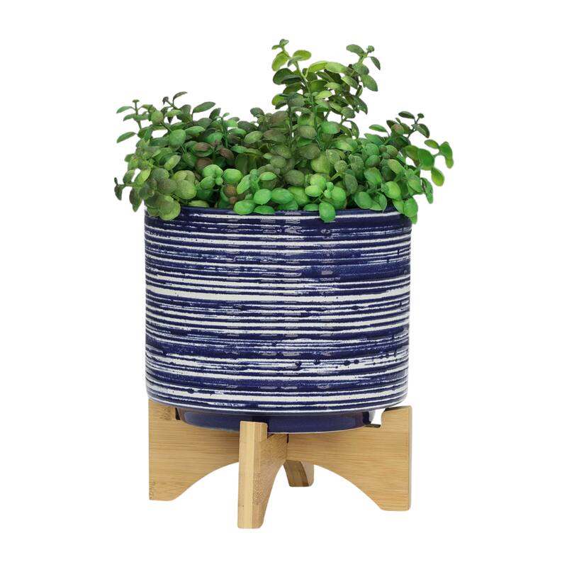 Sagebrook Home Striped Ceramic Planter with Wooden Stand Indoor/Outdoor