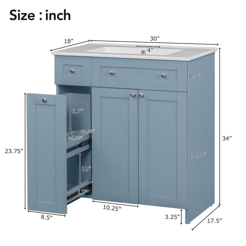 Compact 30-Inch Black Bathroom Vanity with Ceramic Sink, Soft-Close Doors, and Ample Storage Space