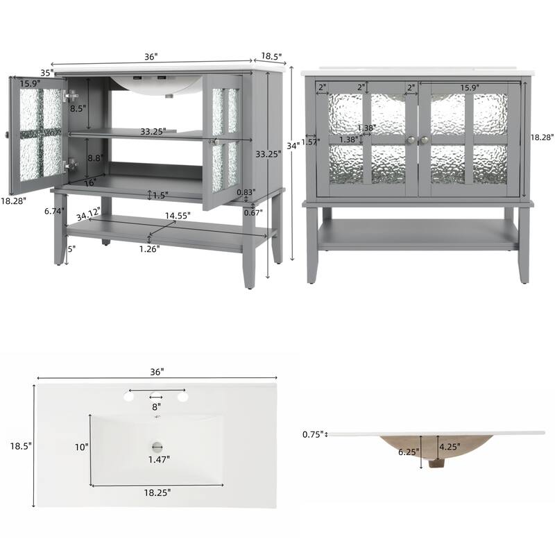 36"Vanity with Ceramic Sink,Vanity with Shelf,with Solid Wood Legs,Waterproof Painted Finish,Metal Knobs and Close Hinges Design