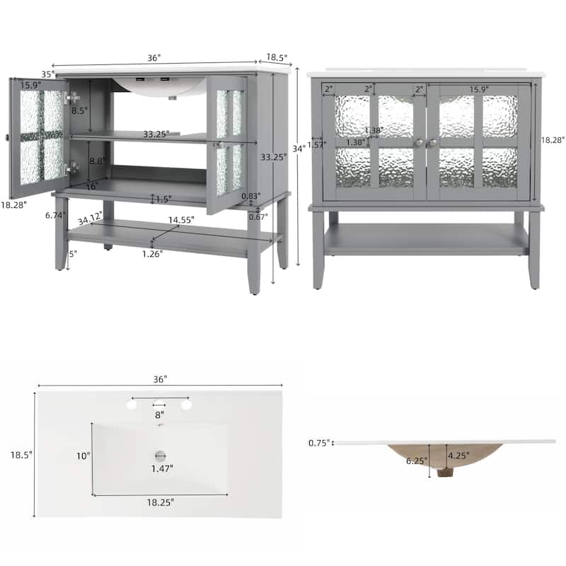 Roomfitters 36" Contemporary Bathroom Vanity with Ceramic Sink, Textured Glass Doors, Adjustable Shelf and Open Storage