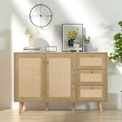 Anmytek Buffet Sideboard 2 Door Rattan Cabinet with 3 Drawer Mid-Century Modern Storage Cabinet Console Table