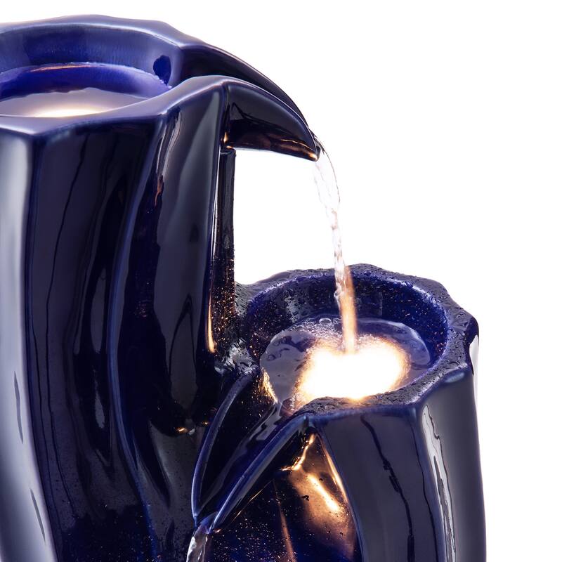 Glitzhome 29.5"H 4-Tiered Wavy Textured Outdoor Ceramic Floor Fountain with LED Light