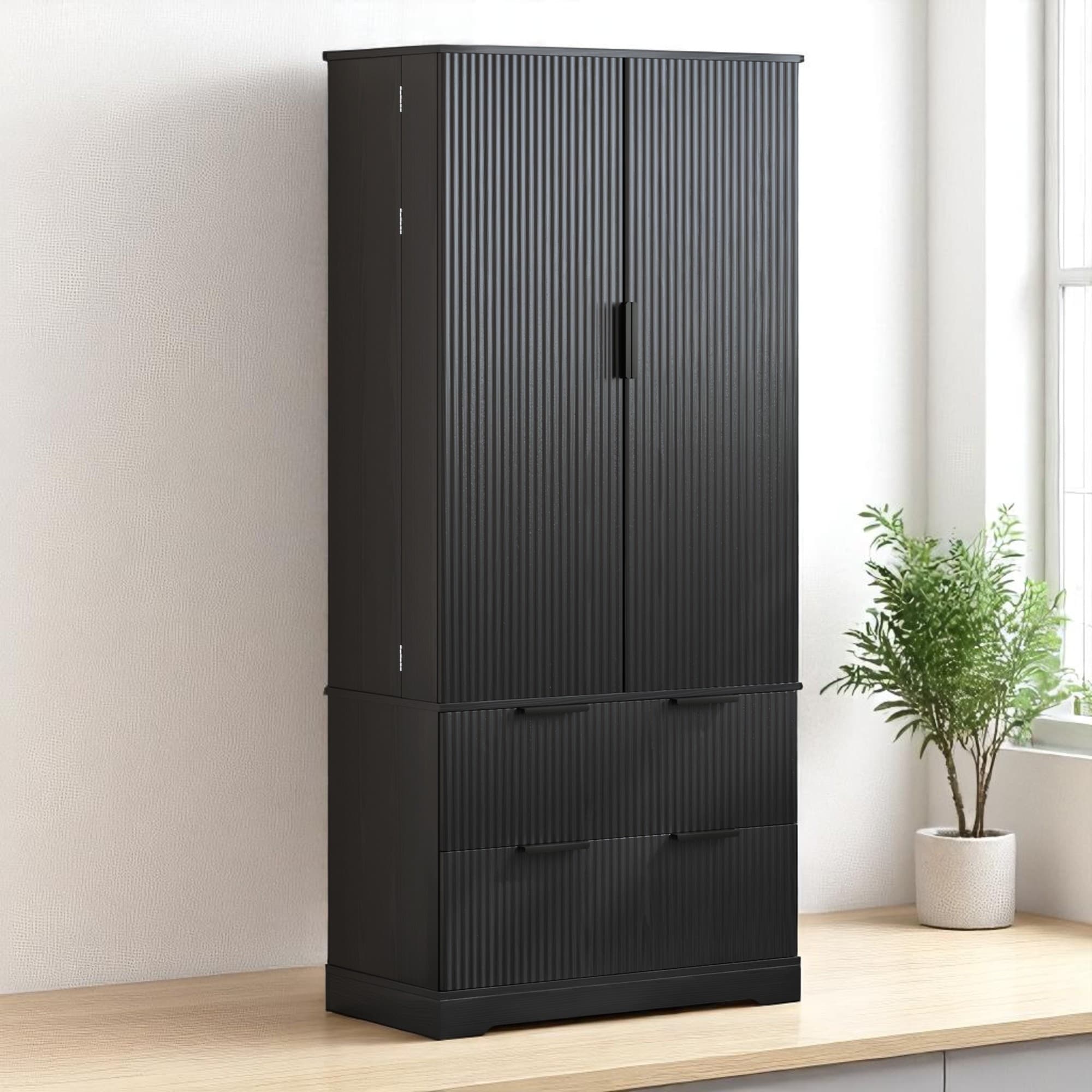 Modern 72" Freestanding Pantry Cabinet with French Doors, Drawers and Door Spice Racks, Fluted MDF Storage Unit