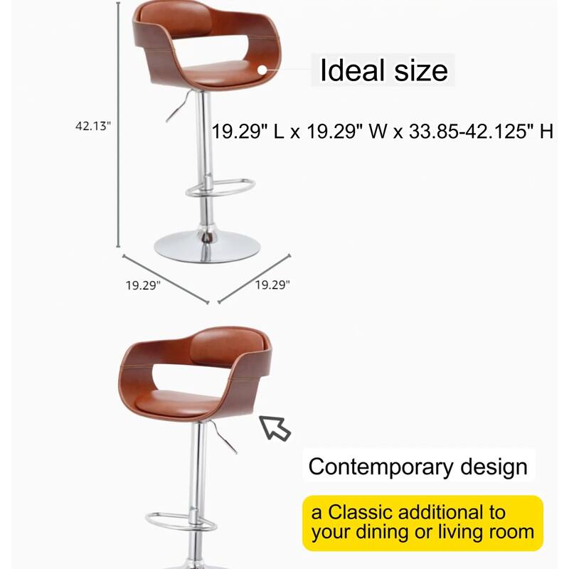 Modern Espresso Upholstered Adjustable Height Swivel Bar Stools with Footrest - 19.29" L x 19.29" W x 33.85-42.13" H