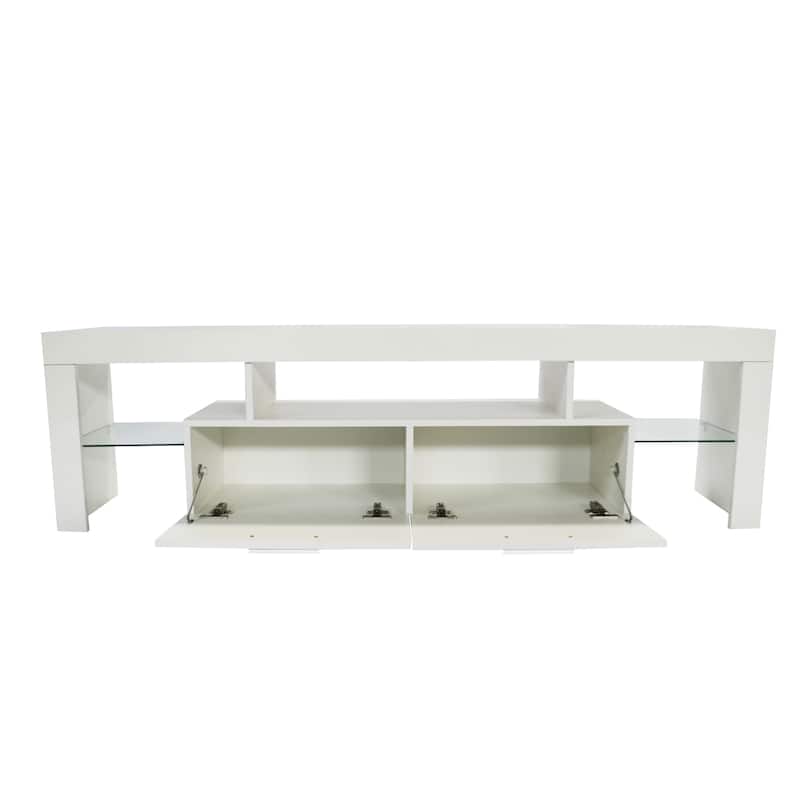 GDF Studio - Modern White Particle Board TV Stand with LED Lights and Toughened Glass Shelf