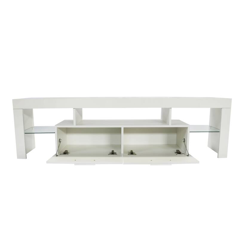 TV Stand Entertainment Center Console with LED Light and Glass Shelf, Metal Handle
