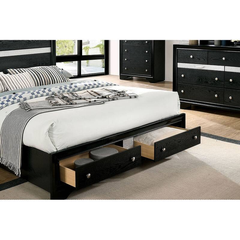 Queen Size Black Panel Headboard Bed with Drawers