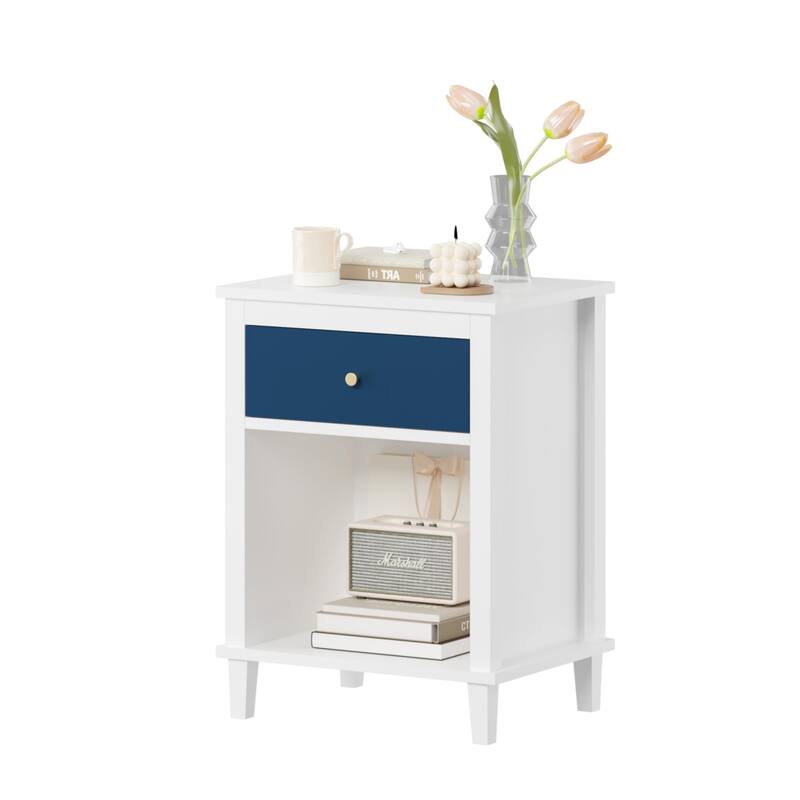 26.77" H Wooden Nightstand with One Drawer One Shelf for Kids, Adults, Navy+Golden handle