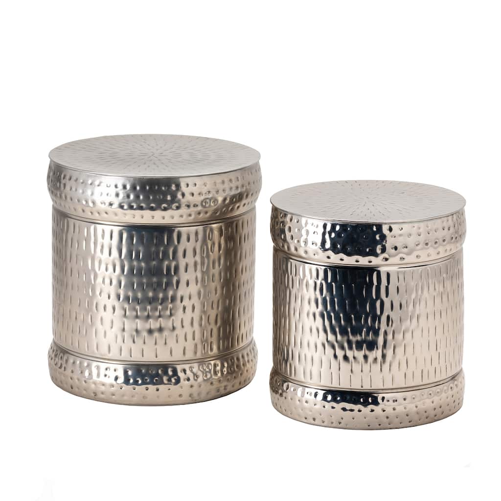 Preston Set of 2 Nickle Outdoor Stools - L) 16 x 16 x 18 S) 14.5 x 14.5 x 15.5