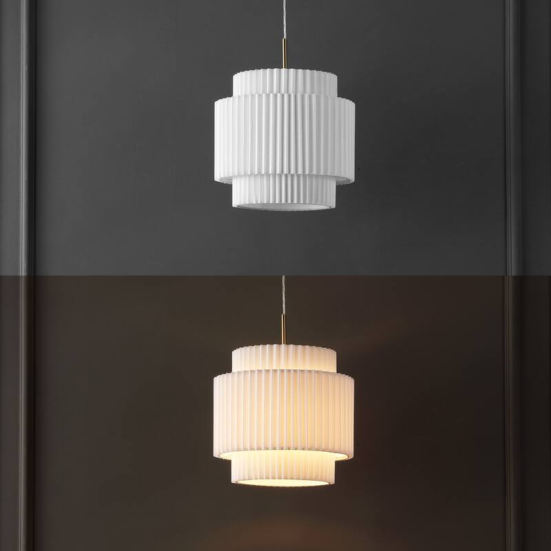 Calix 14.5" 1-Light Vintage Mid-Century Iron LED Pendant with Pleated Shade, Brass Gold/White by JONATHAN Y