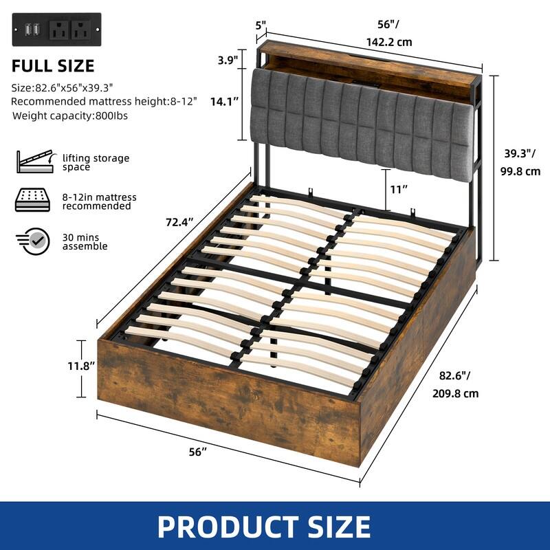 Moasis Lift-Up Storage Bed Frame with Charging Station & Storage Headboard