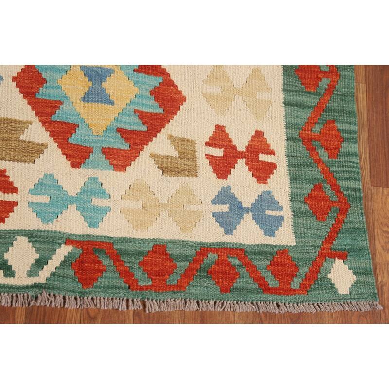 Kilim Reversible Area Rug Hand-Woven Geometric Beige Wool Carpet - 4'10"x 6'5"