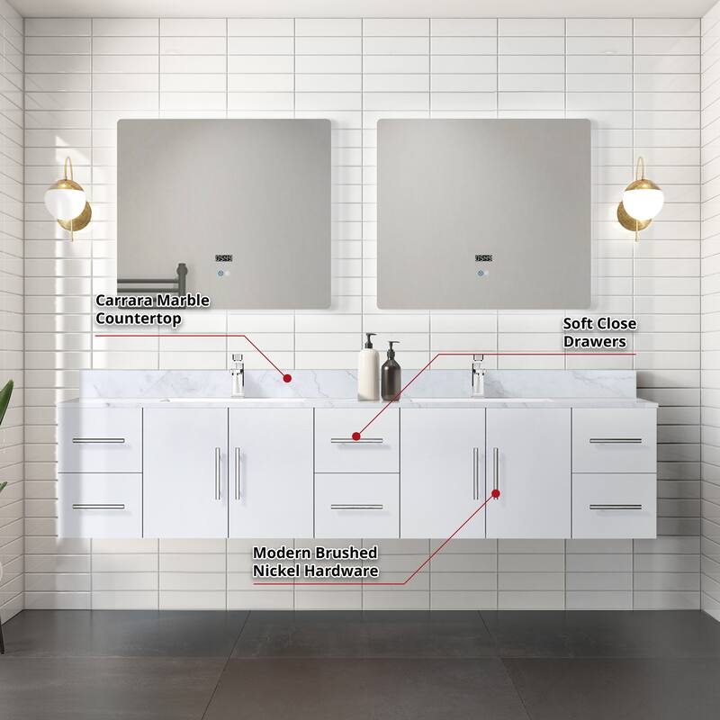 Geneva 84 in. W x 22 in. D Dark Grey Double Bath Vanity, Carrara Marble Top, and 36 in. LED Mirrors