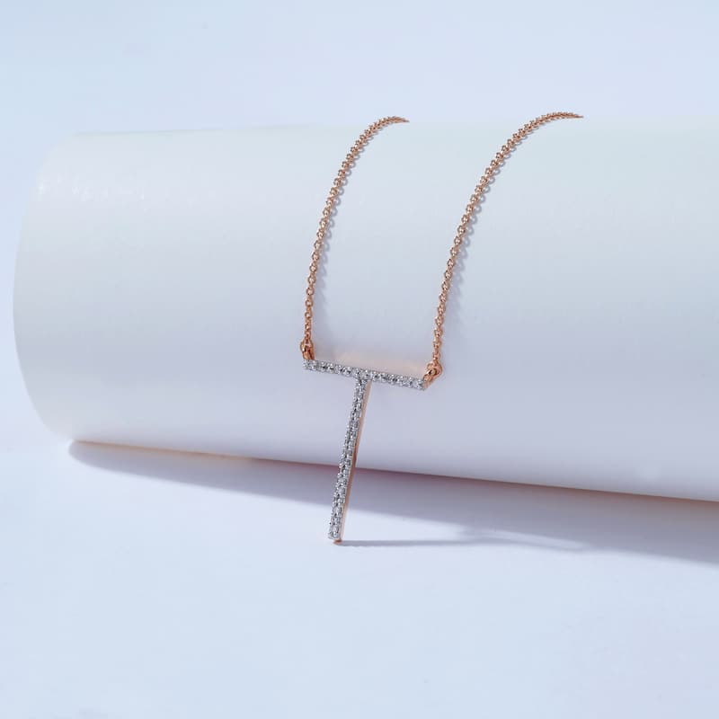 1/20ct TDW Diamond Classic Initial Pendant Necklace in Silver for Women - T - Rose