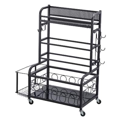 Black Steel Gym Rack with Wheels, 4-Tier Storage for Yoga - 34” L x 16” W x 40” H