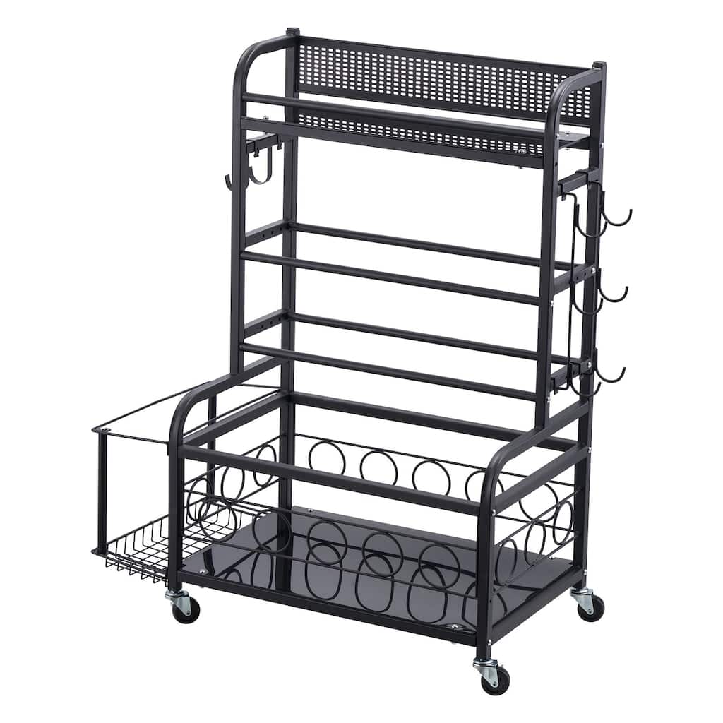 Black Steel Gym Rack with Wheels, 4-Tier Storage for Yoga - 34” L x 16” W x 40” H