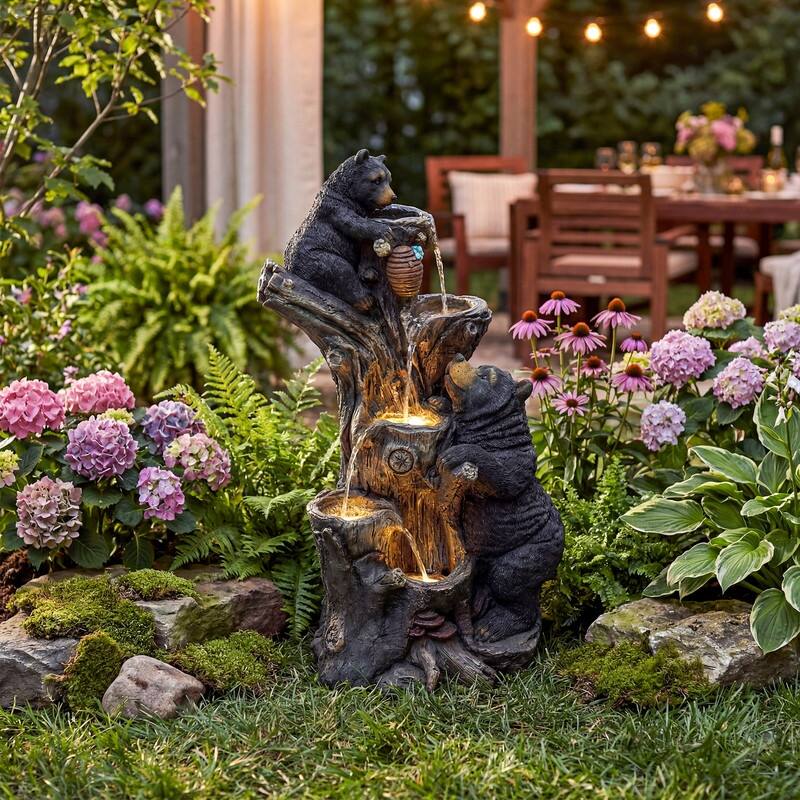 Vbal Resin Bears and Honeycomb 4-Tier water extraction Outdoor Fountain with LED Light