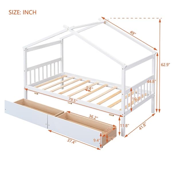 dimension image slide 3 of 4, Twin Size Wooden House Bed with Drawers