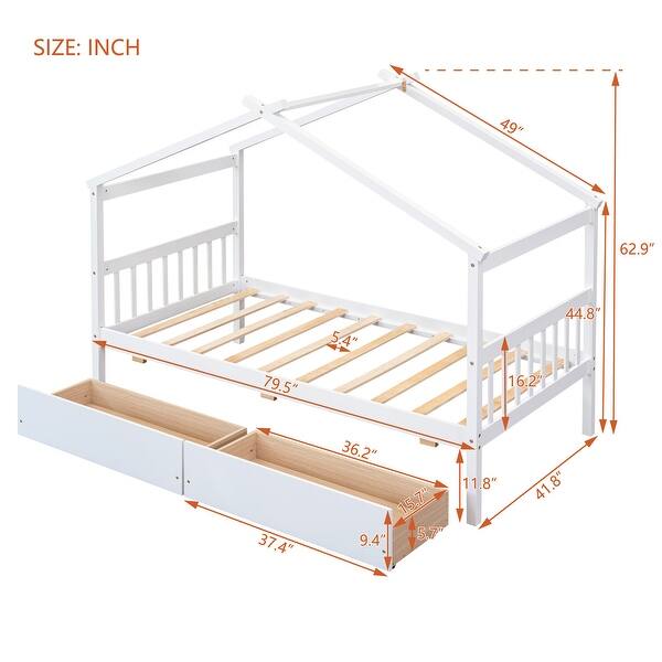 dimension image slide 1 of 4, Twin Size Wooden House Bed with Storage Drawers, Fun Kids Bed with Roof Design