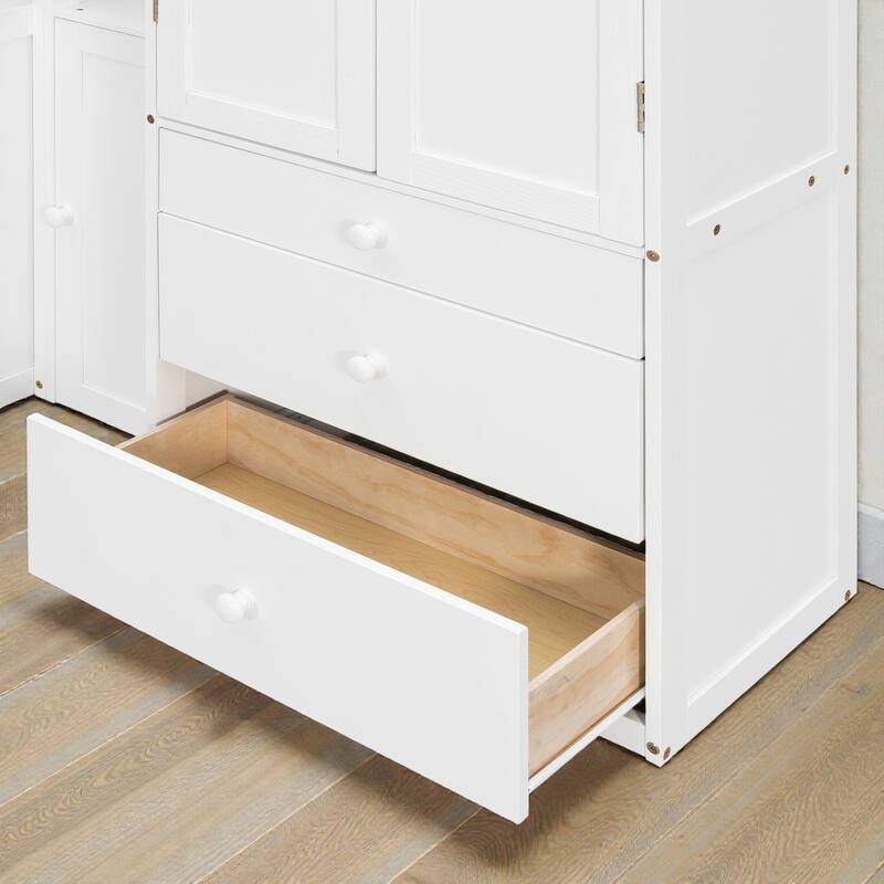 Twin Size Wooden Platform Bed with Desk and Storage, LED Light, Wardrobe Cabinets Drawers and Shelves