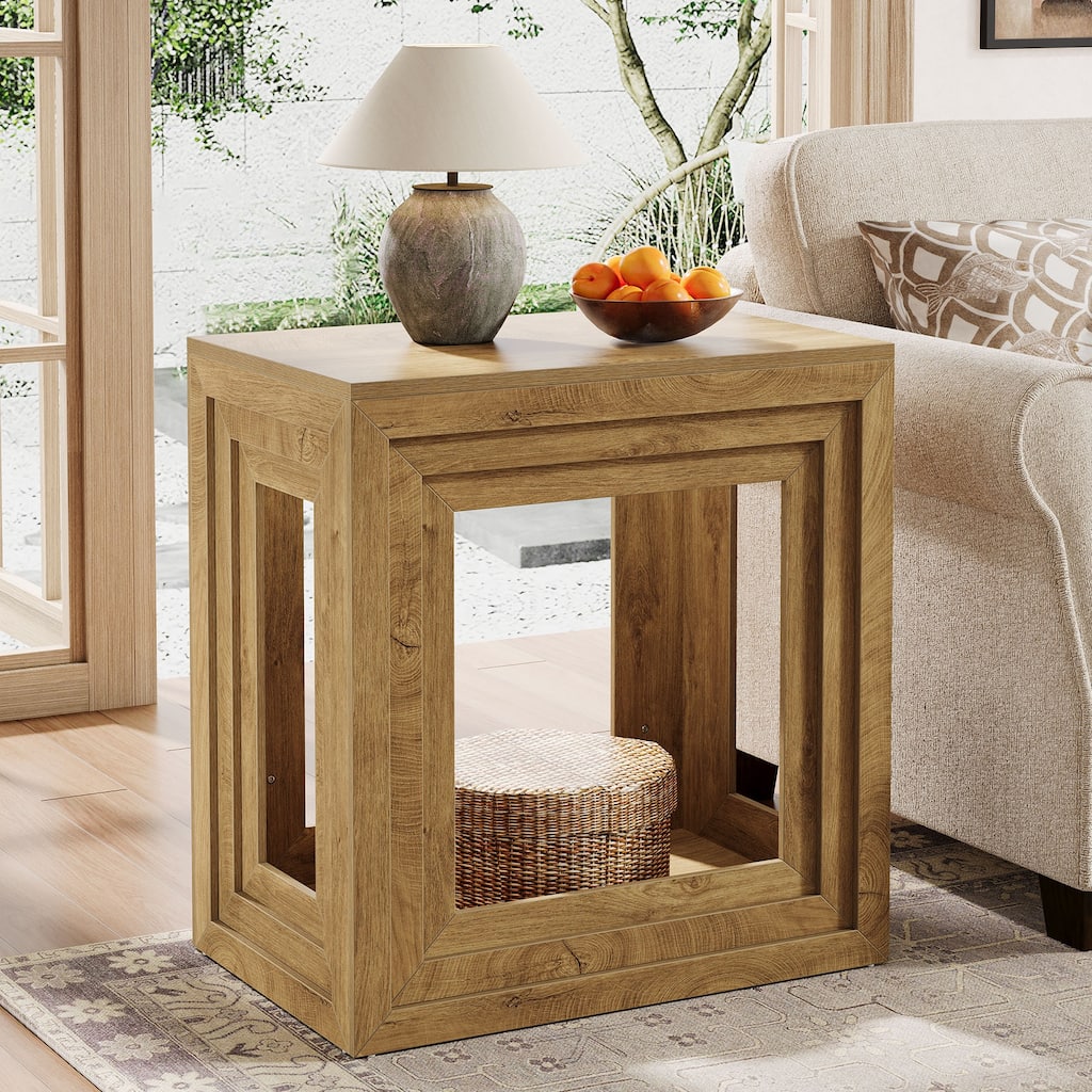 2-Tier Wooden End Table with Shelf Storage, Living Room Bedroom Side Table Accent Nightstand