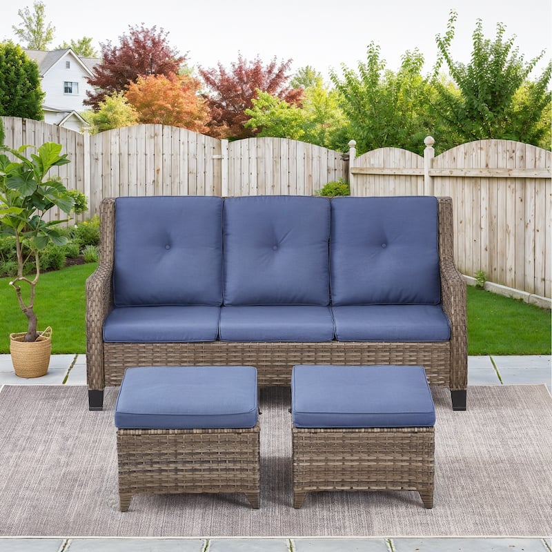 Gymojoy Outdoor 3-Seat Sofa with 2 Ottomans - Grey - Grey - Blue