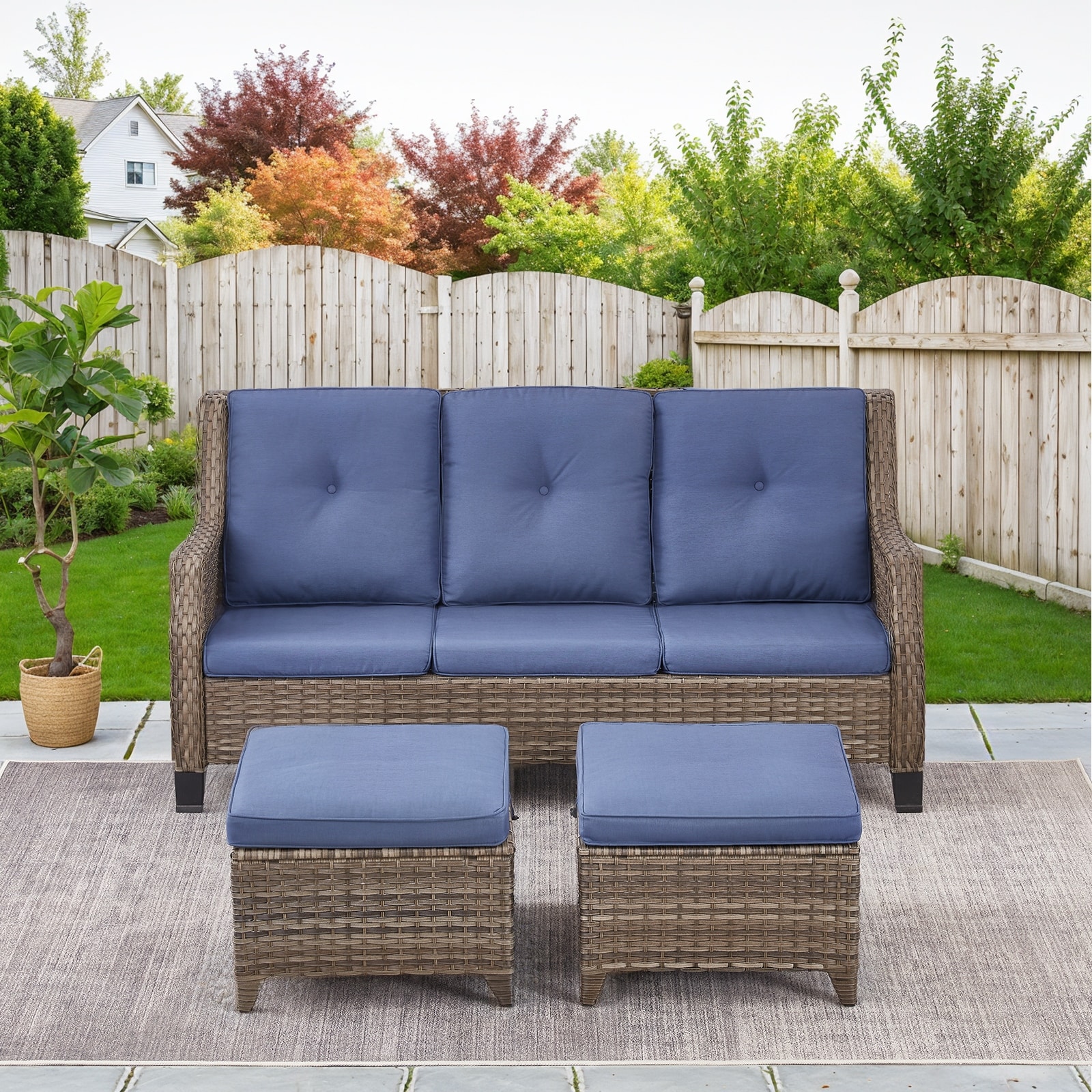Gymojoy Outdoor 3-Seat Sofa with 2 Ottomans - Grey Wicker