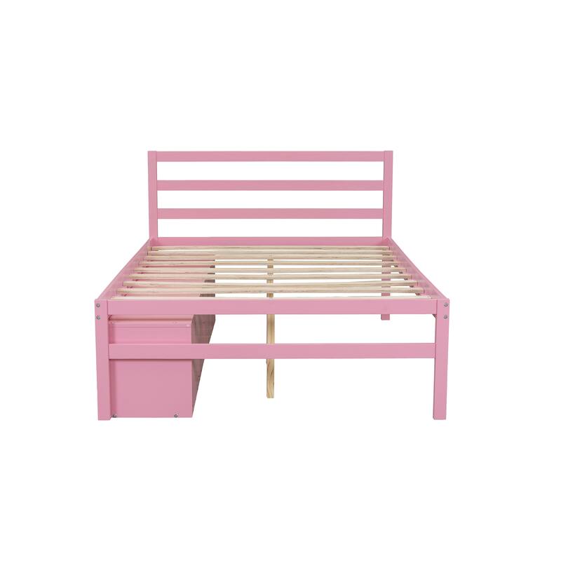 Full Size Solid Wood Bed Frame with Customizable Storage Shelves and Built-In Drawers, No Box Spring Needed