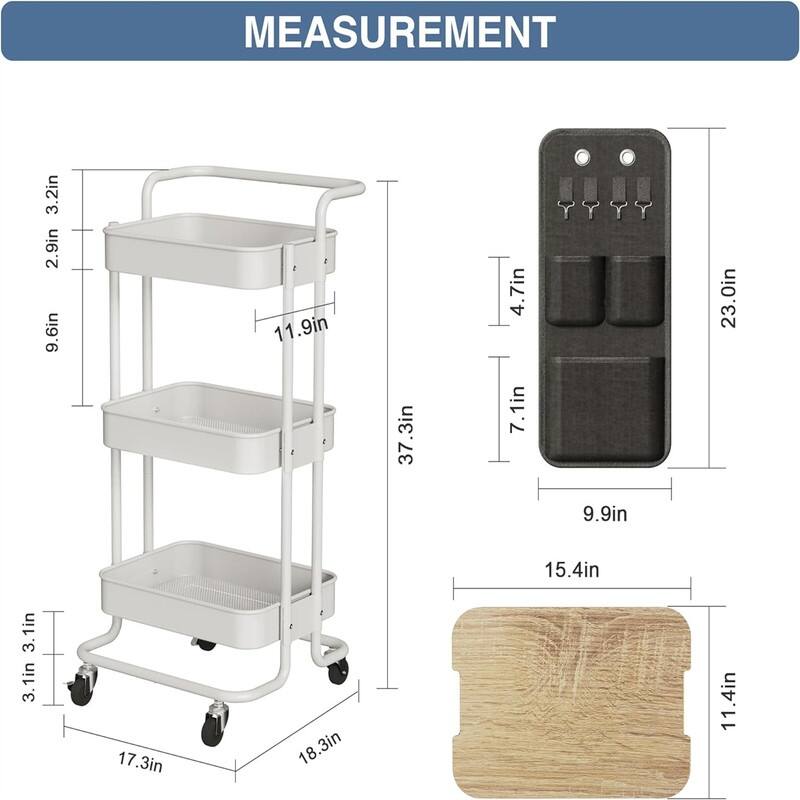 3 Tier Metal Utility Rolling Cart with Table Top and Side Bags - 17.3"D x 18.3"W x 37.3"H