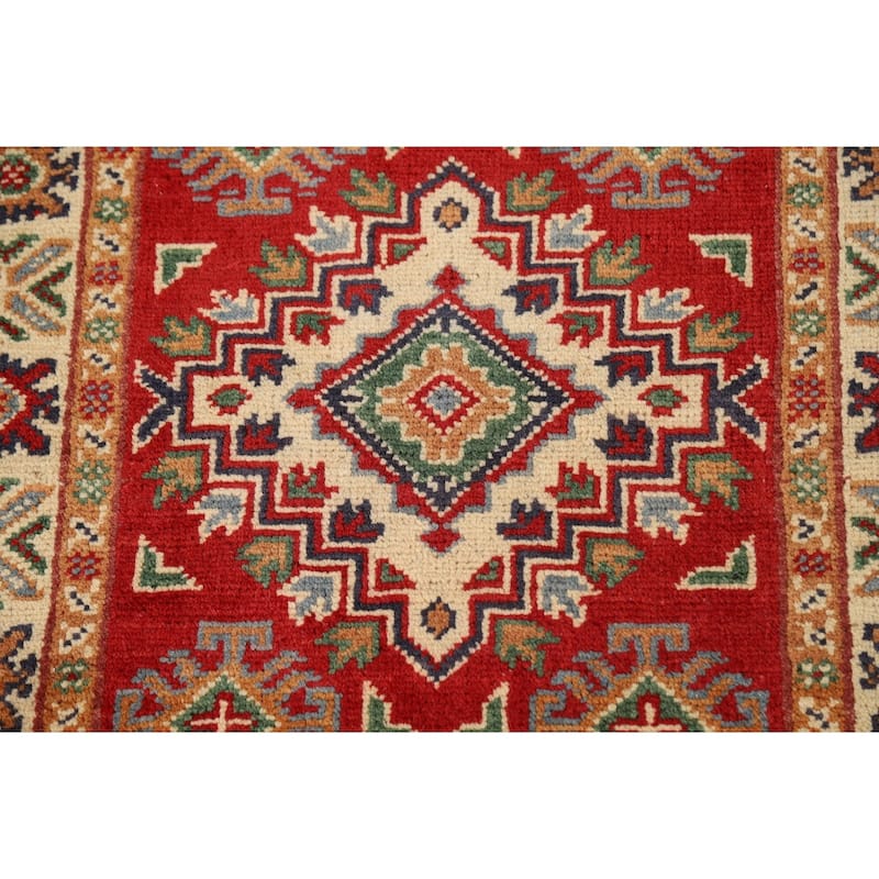Red Geometric Kazak Accent Rug Handmade Traditional Wool Carpet - 2'0" x 3'0"