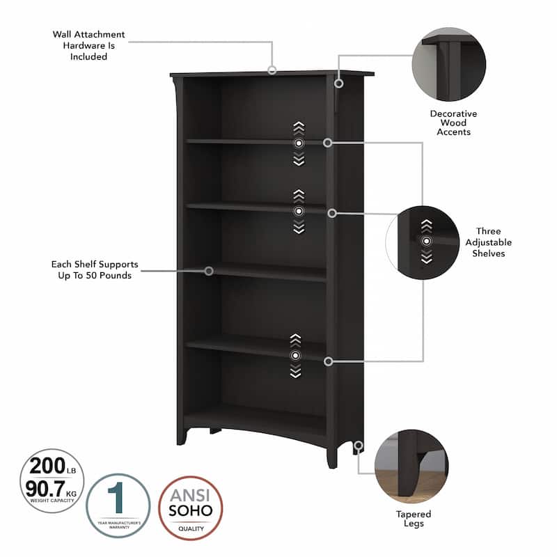 Bush Furniture Salinas Tall 5 Shelf Bookcase with Adjustable Shelves