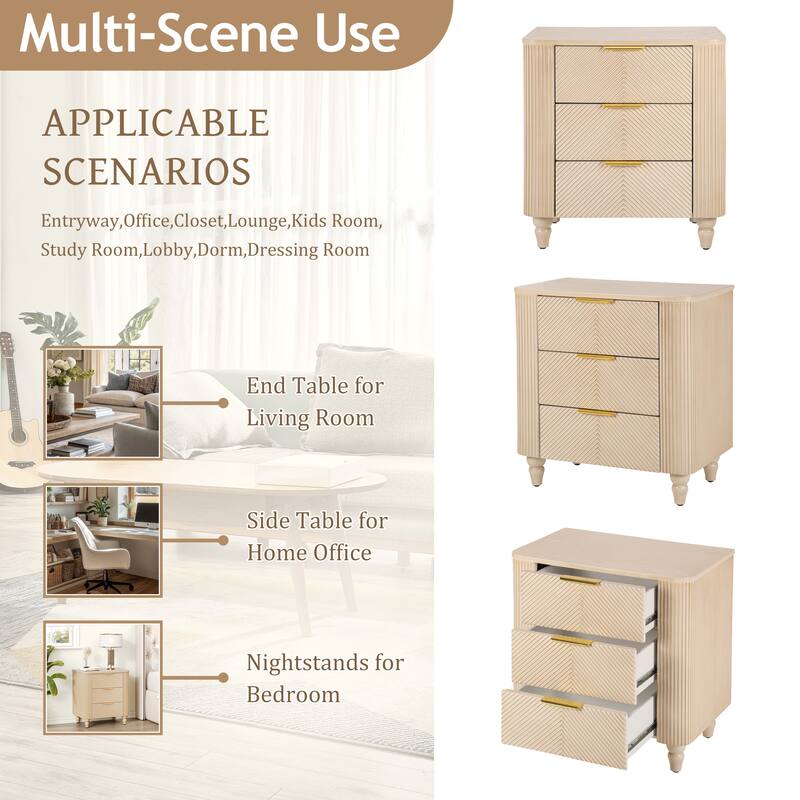 Mid-Century Fluted 3 Drawers Nightstand, Bedside Table with Curved Profile Design and Wide Gold Glossy Handles