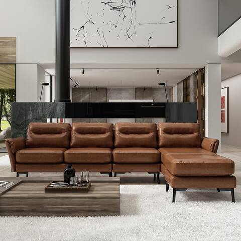 Sofa Couch Modern L-Shaped 4/6-Seat Sofa with Chaise (Brown/Off white)