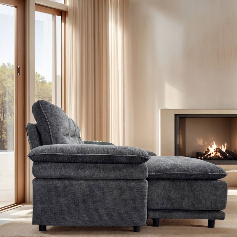 141'' Wide U-shaped 6-seat Sleeper Sofa, Dark Grey, Solid Wood