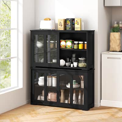 2 PCS Stackable Buffet Sideboard with Sliding Tempered Glass Doors