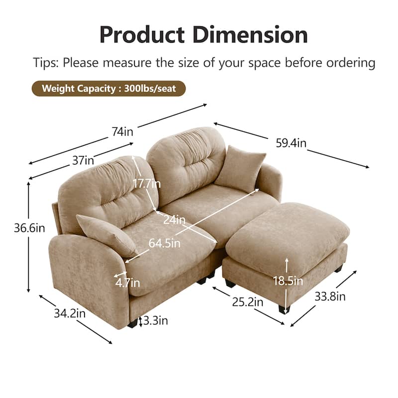2 Seat Chenille Sofa Round Arms Sectional Sofa, Modern 74" Tufted Back Couch with Ottoman for Lving Room, Small Space