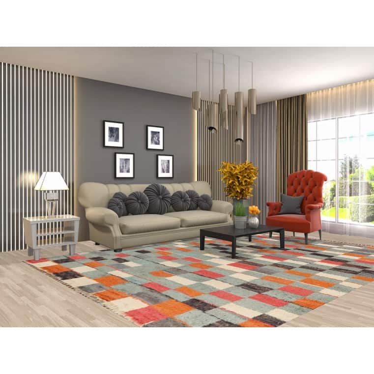 Checkered Moroccan Area Rug Hand-Knotted Wool Carpet - 8'0" x 10'11"