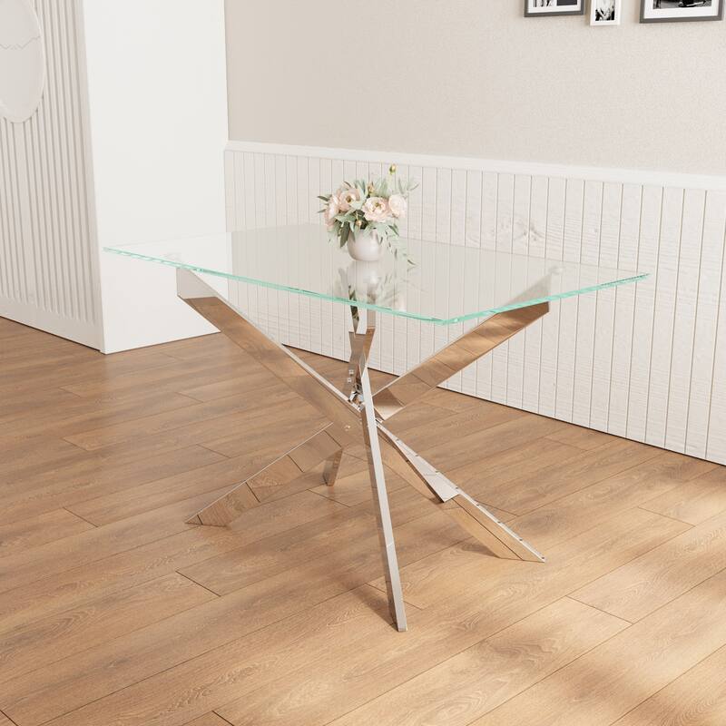 47.2-inch modern minimalist tempered glass coffee table, metal leg rectangular dining table, transparent glass dining table