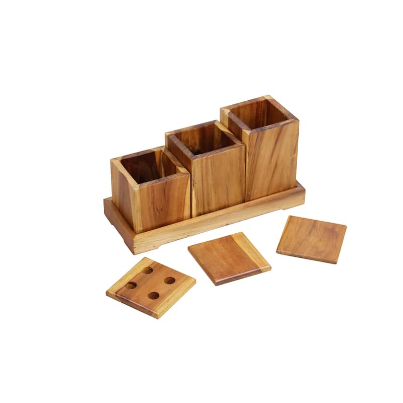 7 Piece Teak Wood Bathroom Amenities Set with Tray
