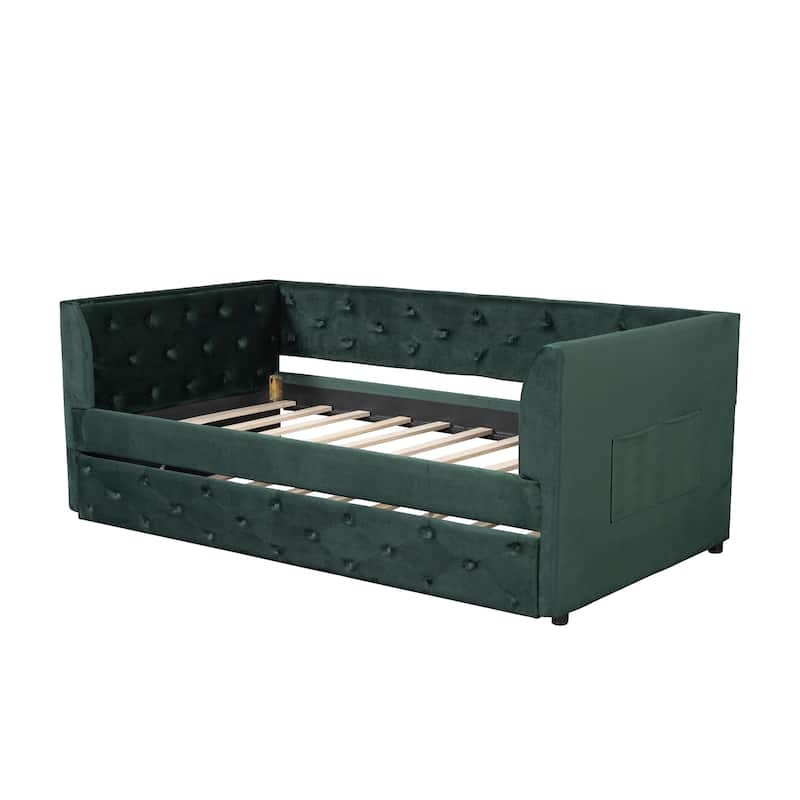 Twin Size Upholstered Velvet Tufted Daybed with Trundle