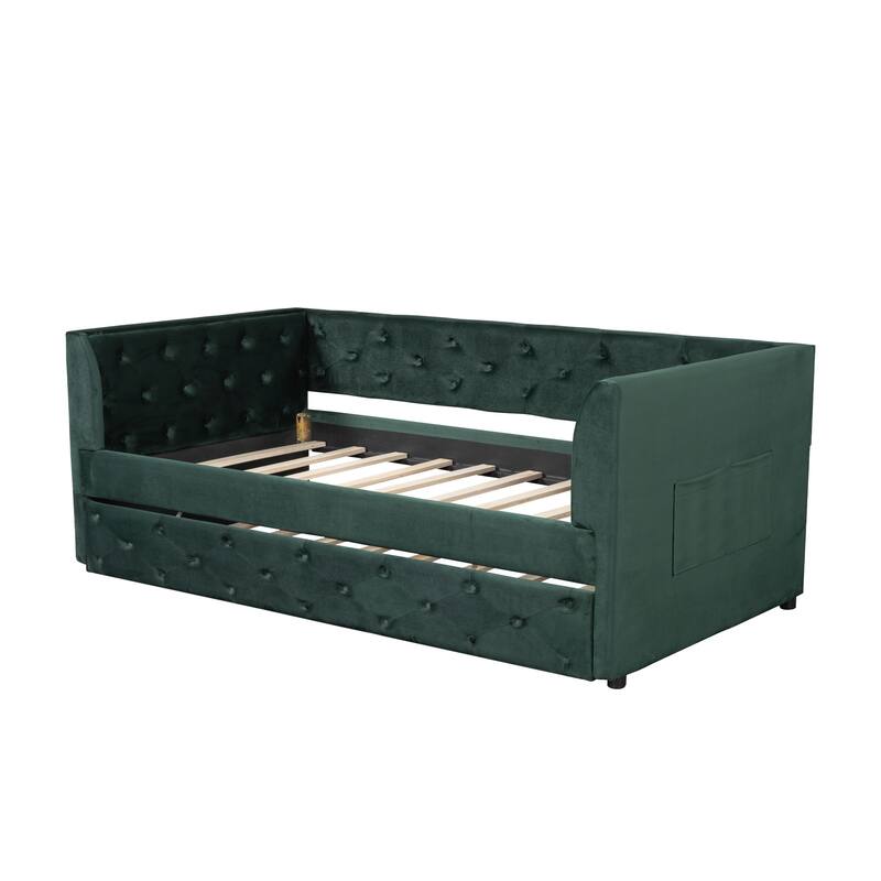 Upholstered Velvet Bed Frame, Twin Size Tufted Daybed with Side Storage Bag, Pull-out Trundle and Button Backrest Headboard
