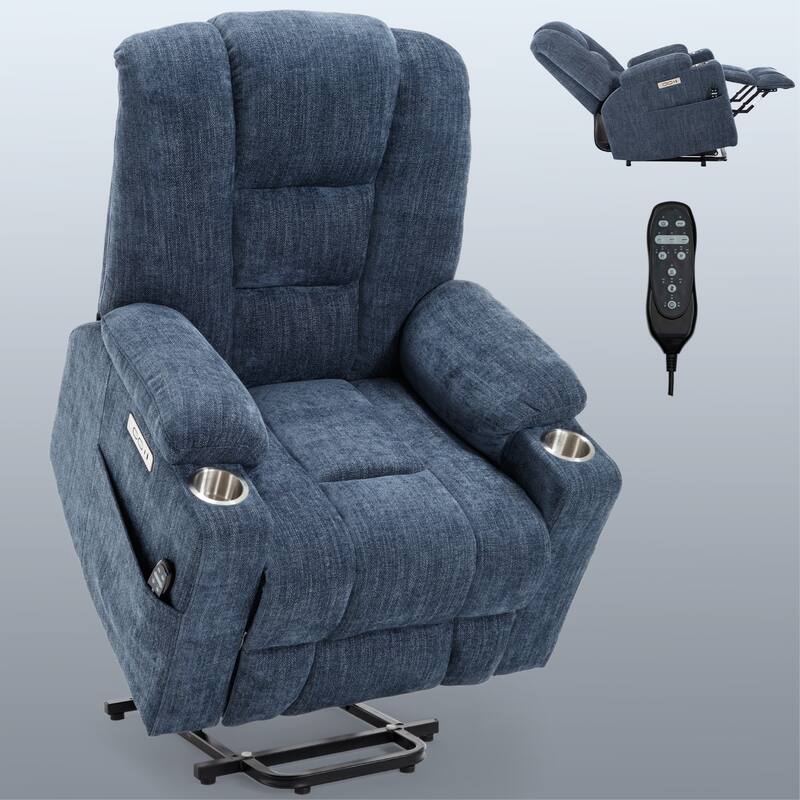 Roomfitters Oversized Power Lift Recliner, Massage Chair with USB A & C Ports and Dual Steel Cup Holders, Blue