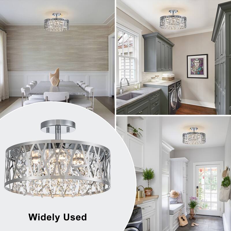 LED Semi-Flush Mount Ceiling Light Metal Carved Shade Crystal Accents - Dia.13.78-in