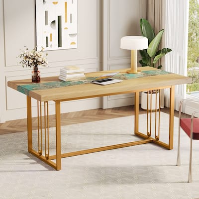 63-Inch Executive Computer Desk with Faux Amazon Green Marble Veneer for Office