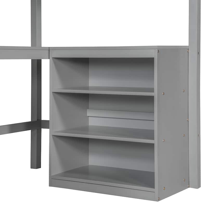 Solid Pinewood Twin Size Loft Bed with Full Length Guardrail, Wooden High Loftbed Frame with Storage Shelves and Built In Desk