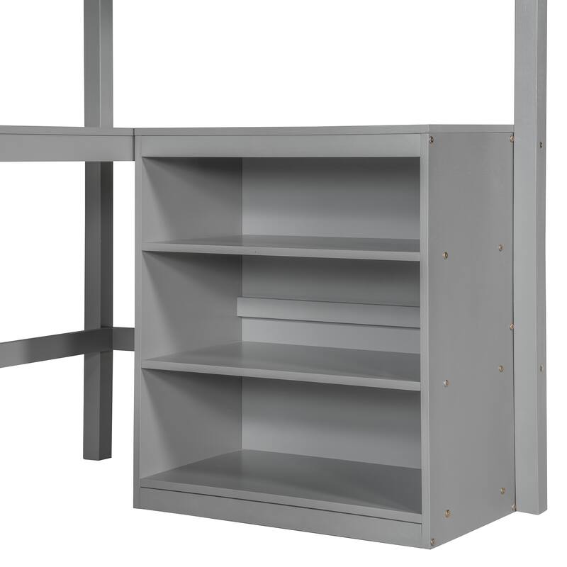 Space-Saving Twin Loft Bed with Desk and Shelves, Gray Finish