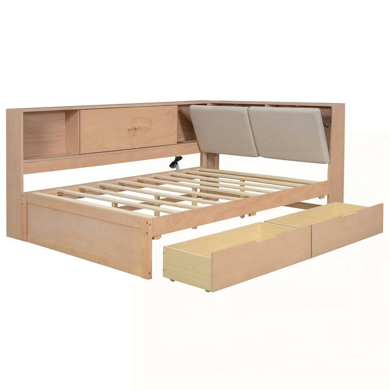 L-shaped Daybed Corner Bed with Storage Bookcase and USB Charging Ports